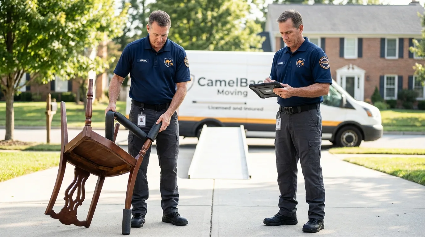 Movers inspecting furniture for damage prevention before loading in Lapwai, ID